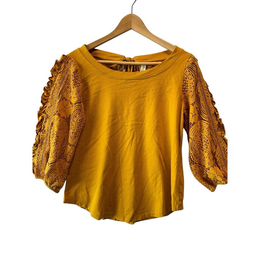 Anthropologie Mustard Crochet Puffy Sleeve Top Size S Boho